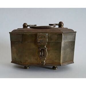 Vintage Brass Lidded Trinket Box w Handle Decorative Storage Chest-sold as-is